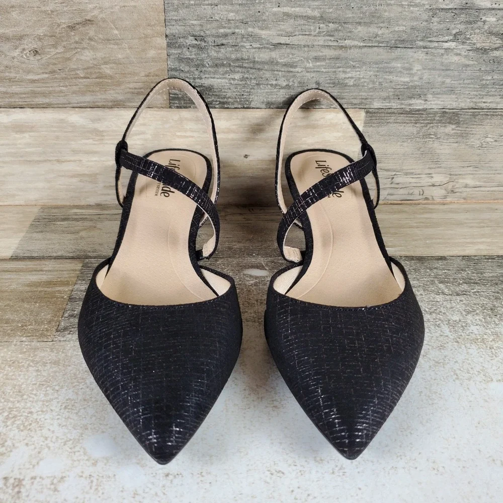 LifeStride Minimalist Womens Pumps Sz 7 W Black Shimmer Pointed Toe Block Heel